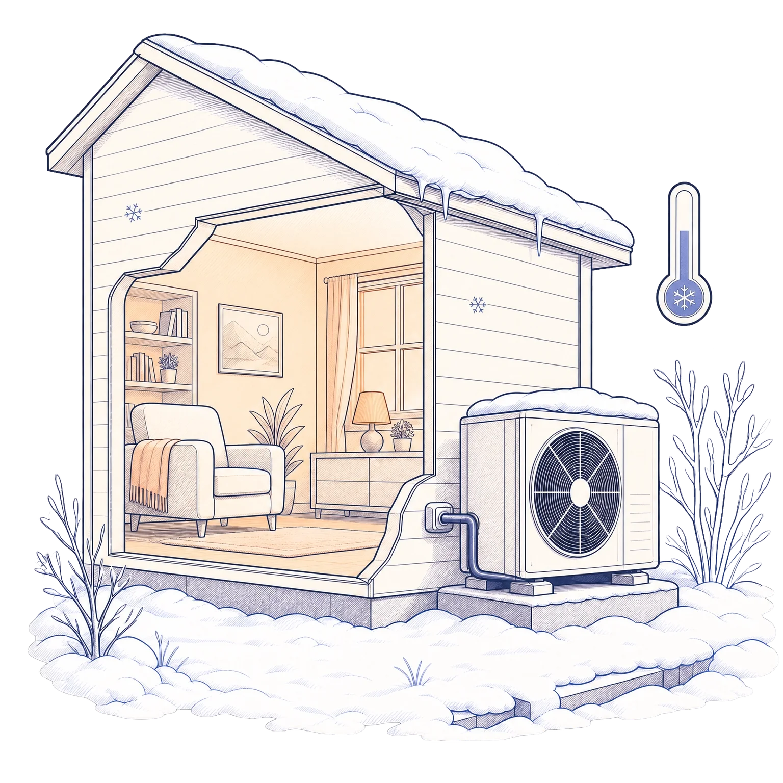 Illustration of a cozy living room with a cold-climate heat pump outdoor unit running in the snow outside
