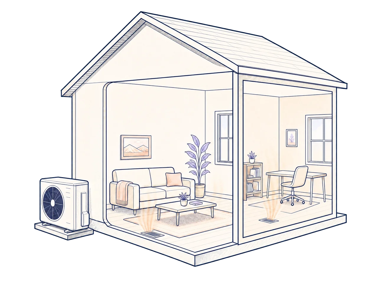 Cutaway illustration of a home with a ducted heat pump