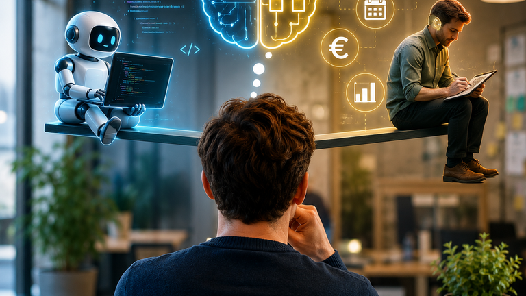 Visual met een AI-robot die code schrijft en een bedrijfsexpert die proceskennis, context en menselijke controle bewaakt.