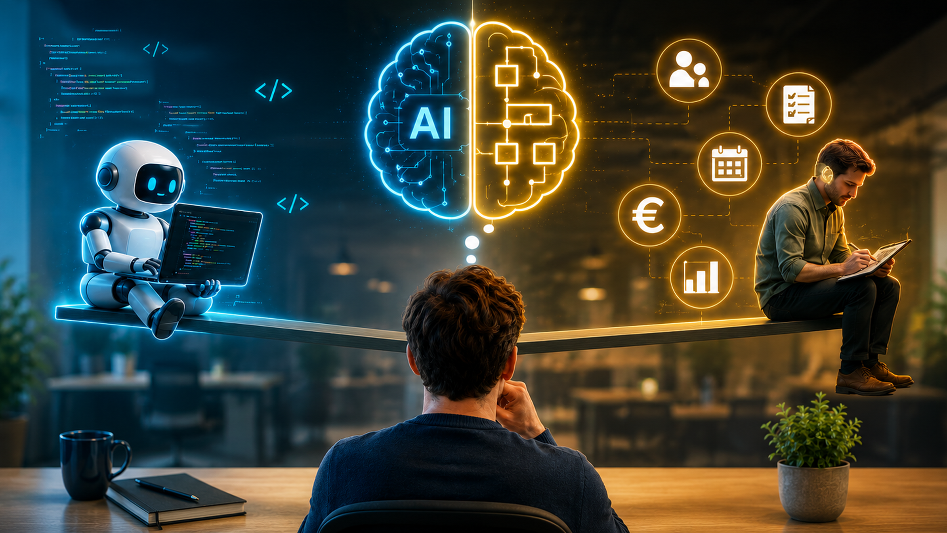 Hero visual met een AI-robot die code schrijft en een bedrijfsexpert die proceskennis, context en menselijke controle bewaakt.