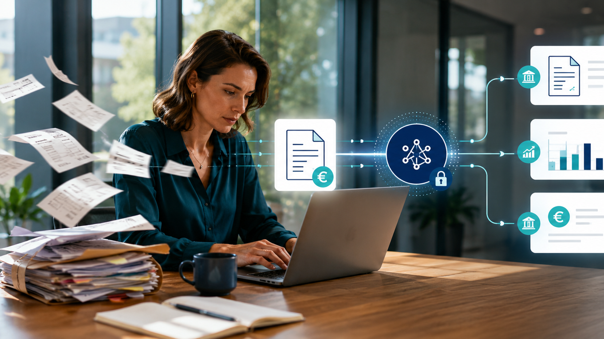 Kmo-medewerker verwerkt elektronische facturen via een veilig digitaal netwerk, met automatische koppeling naar boekhouding en rapportage.