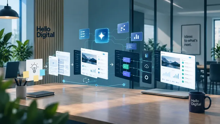 Visual van AI-coding waarbij een idee via prototypes, softwareontwikkeling en systeemkoppelingen evolueert naar werkende bedrijfssoftware.