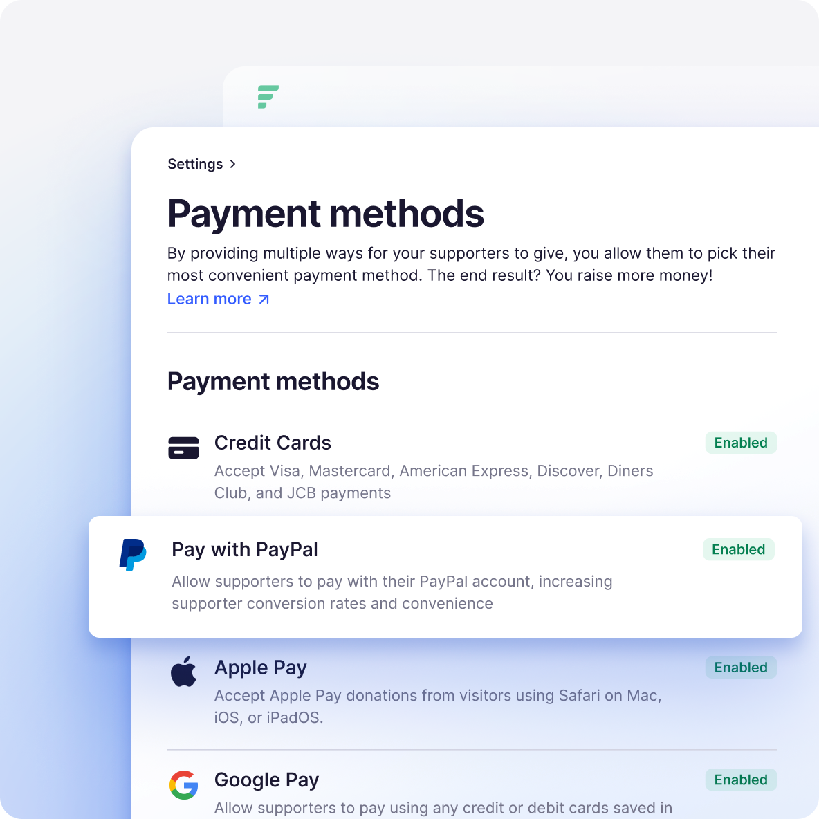 Payment methods settings in the Fundraise Up dashboard