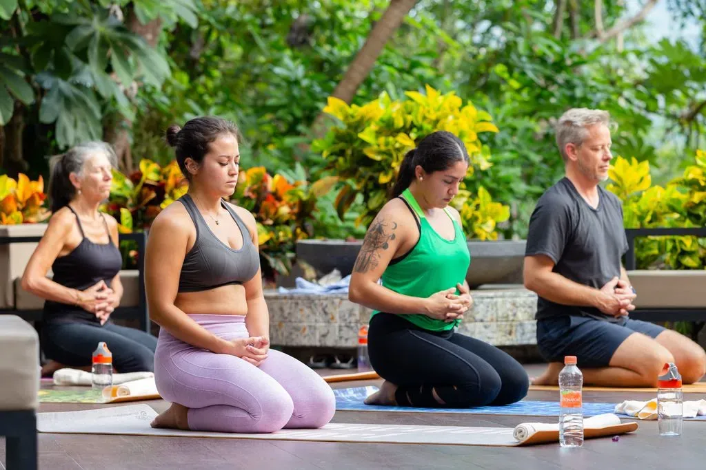 People meditating outdoors on yoga mats, surrounded by lush greenery, partaking in a tranquil wellness session.