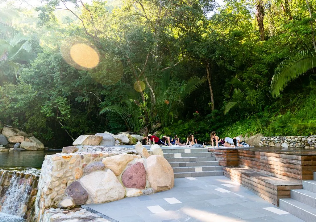 A group of people practice yoga on stone terraces beside a tranquil natural pool, surrounded by lush tropical vegetation and sunlight filtering through.