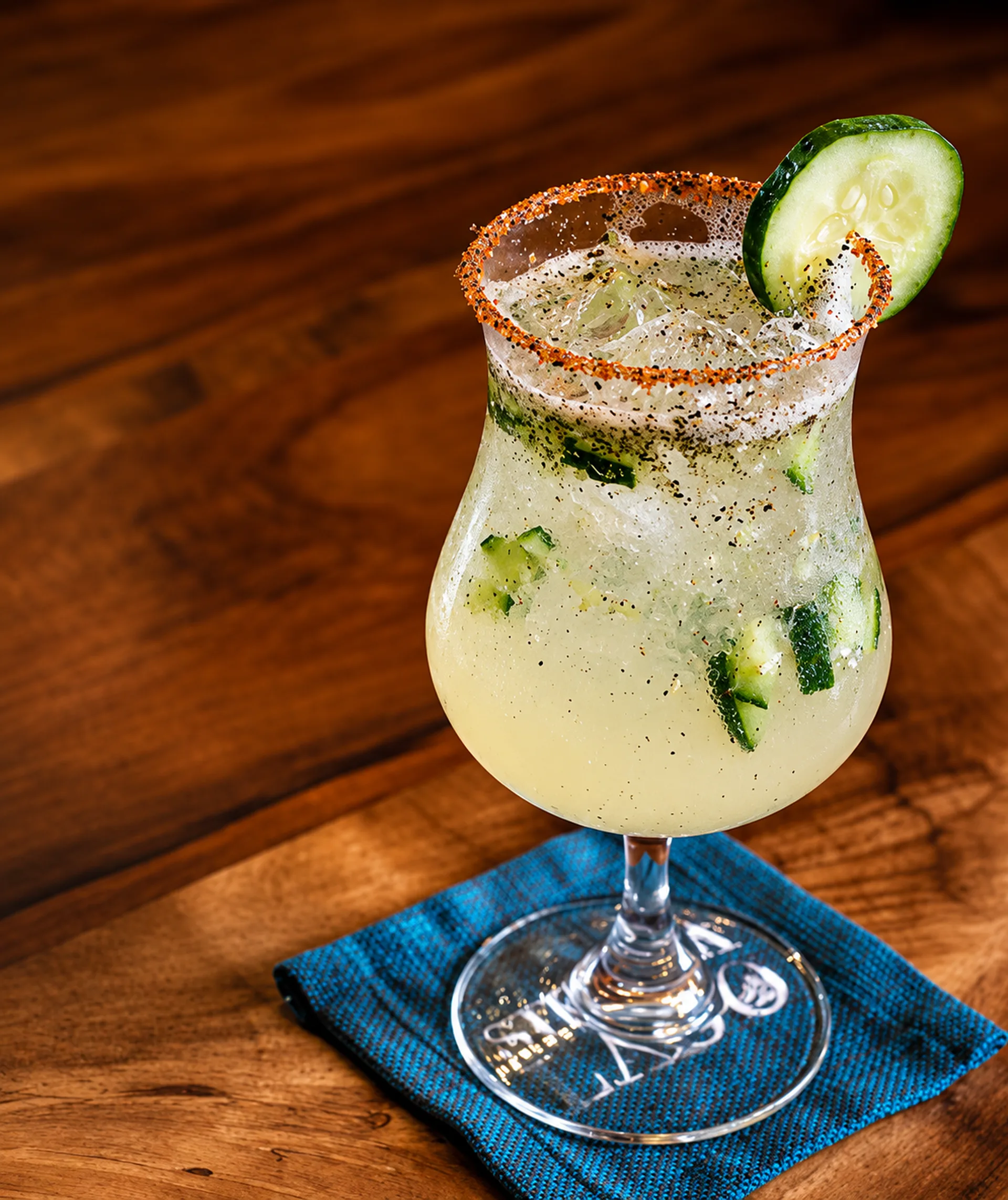 Spiced Cucumber Cocktail on Blue Napkin