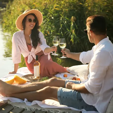 Couple enjoying a lakeside picnic at Sierra Lago