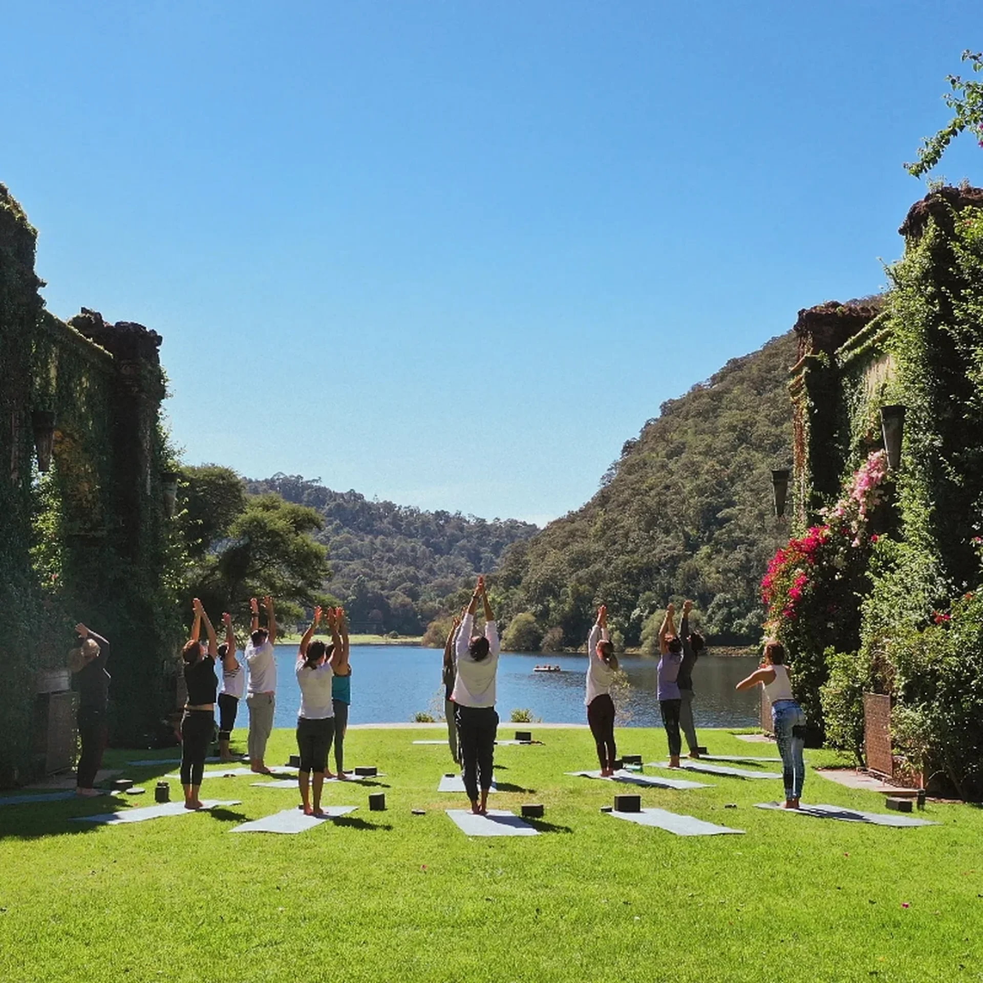 Outdoor yoga class by Juanacatlán Lake