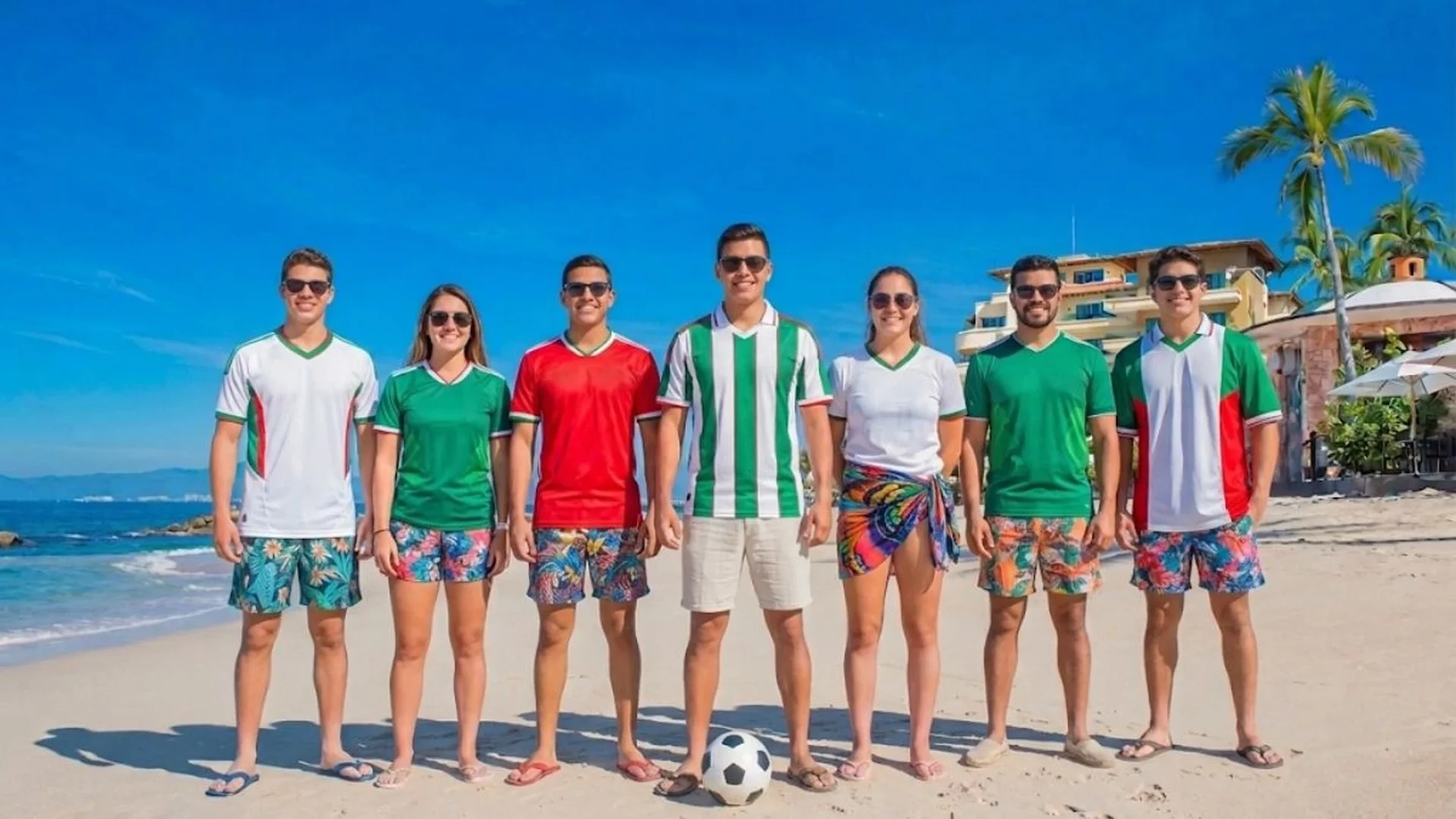 Un grupo de siete personas listas para el Mundial en la playa