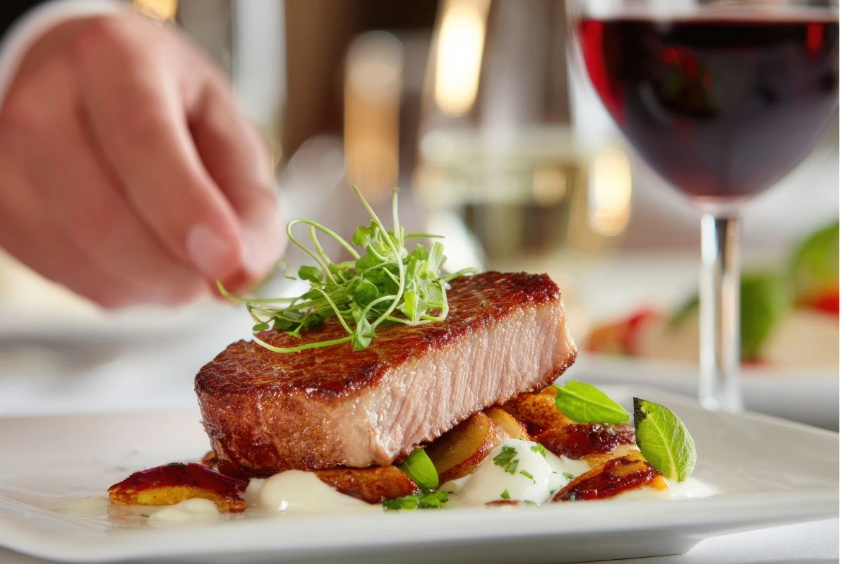 Chef garnishing a gourmet steak dish with microgreens