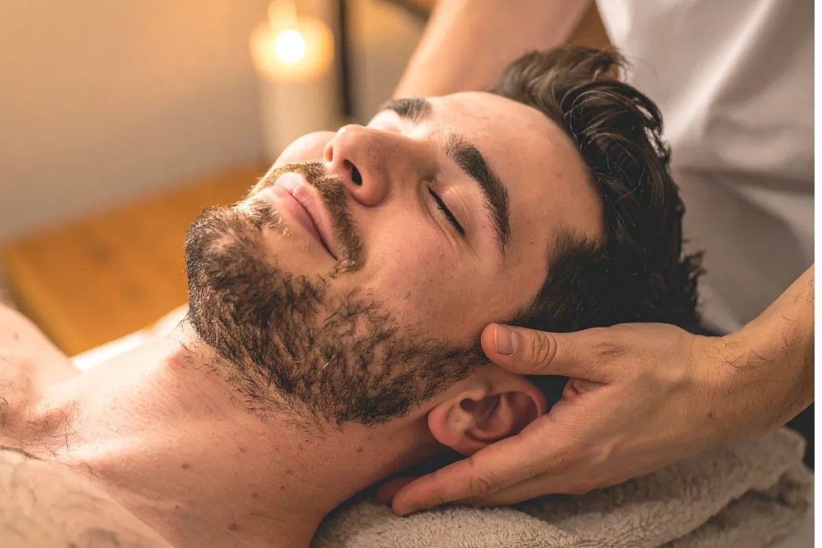 Man enjoying a relaxing head massage with eyes closed, surrounded by a serene spa ambiance with a glowing candle in the background.