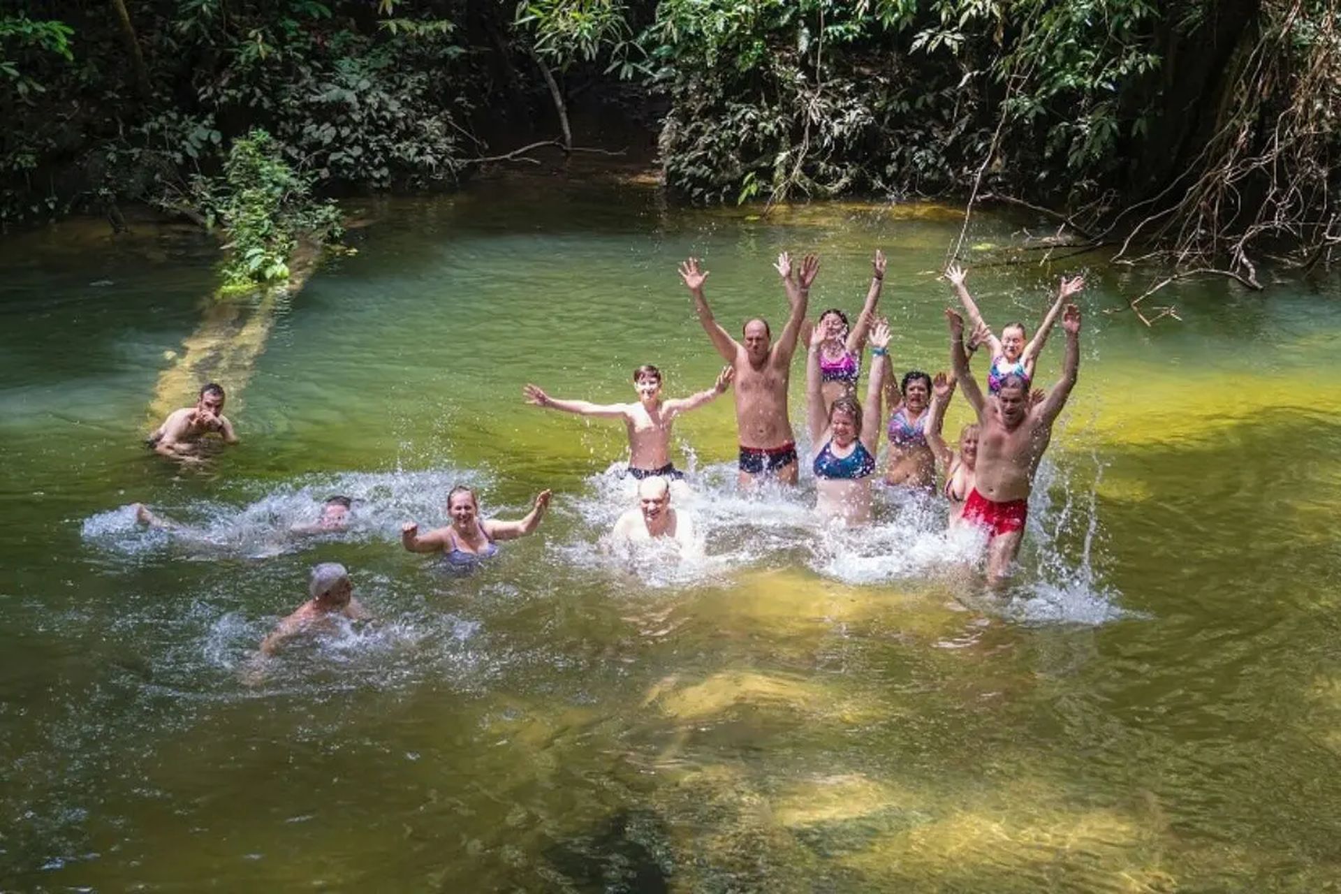 Group of people joyfully splashing in a lush, green natural pool surrounded by dense foliage, with sunlight filtering through the trees.