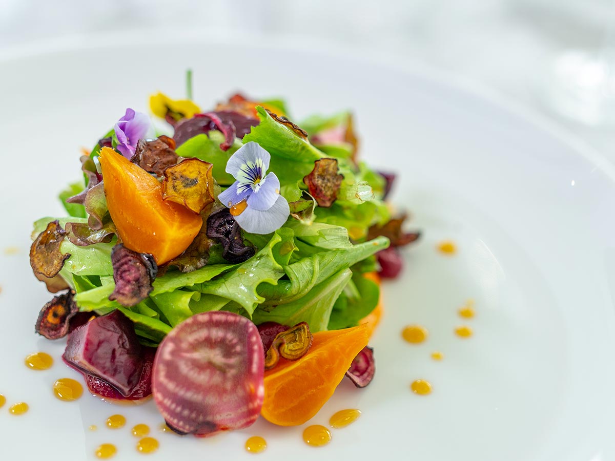 A vibrant, gourmet salad featuring fresh greens, colorful heirloom carrots, edible flowers, and artistic sauce drizzles on a white plate.