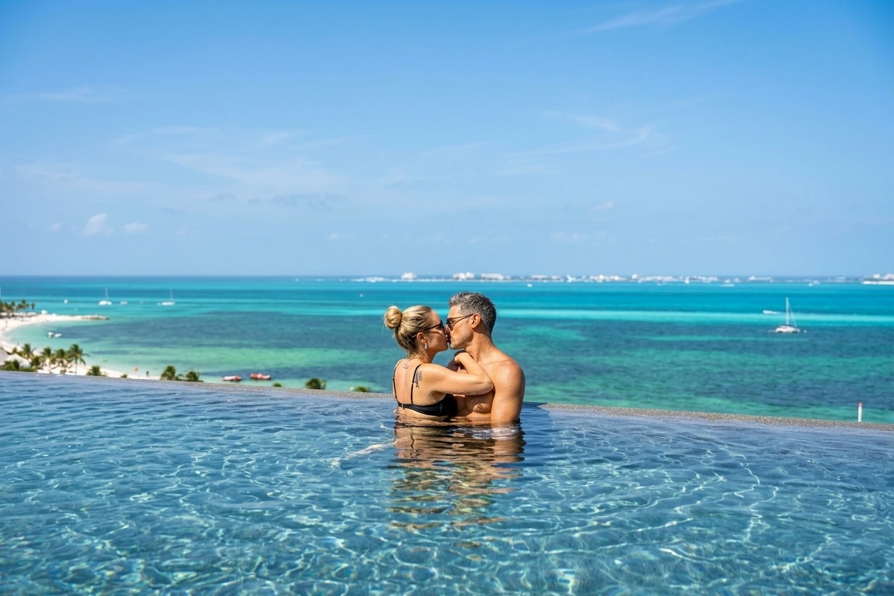 couple kissing in the pool