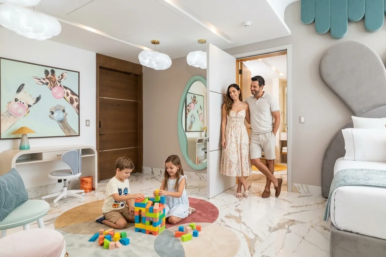 2 kids playing in the suite with blocks