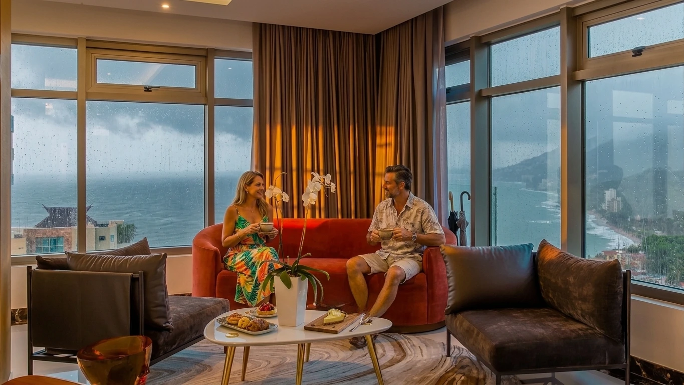 couple drinking coffe on a rainy day
