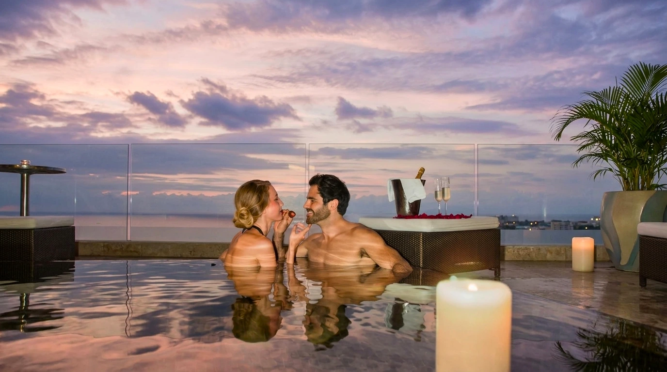couple having a romantic moment in the rooftop with the sunset behind