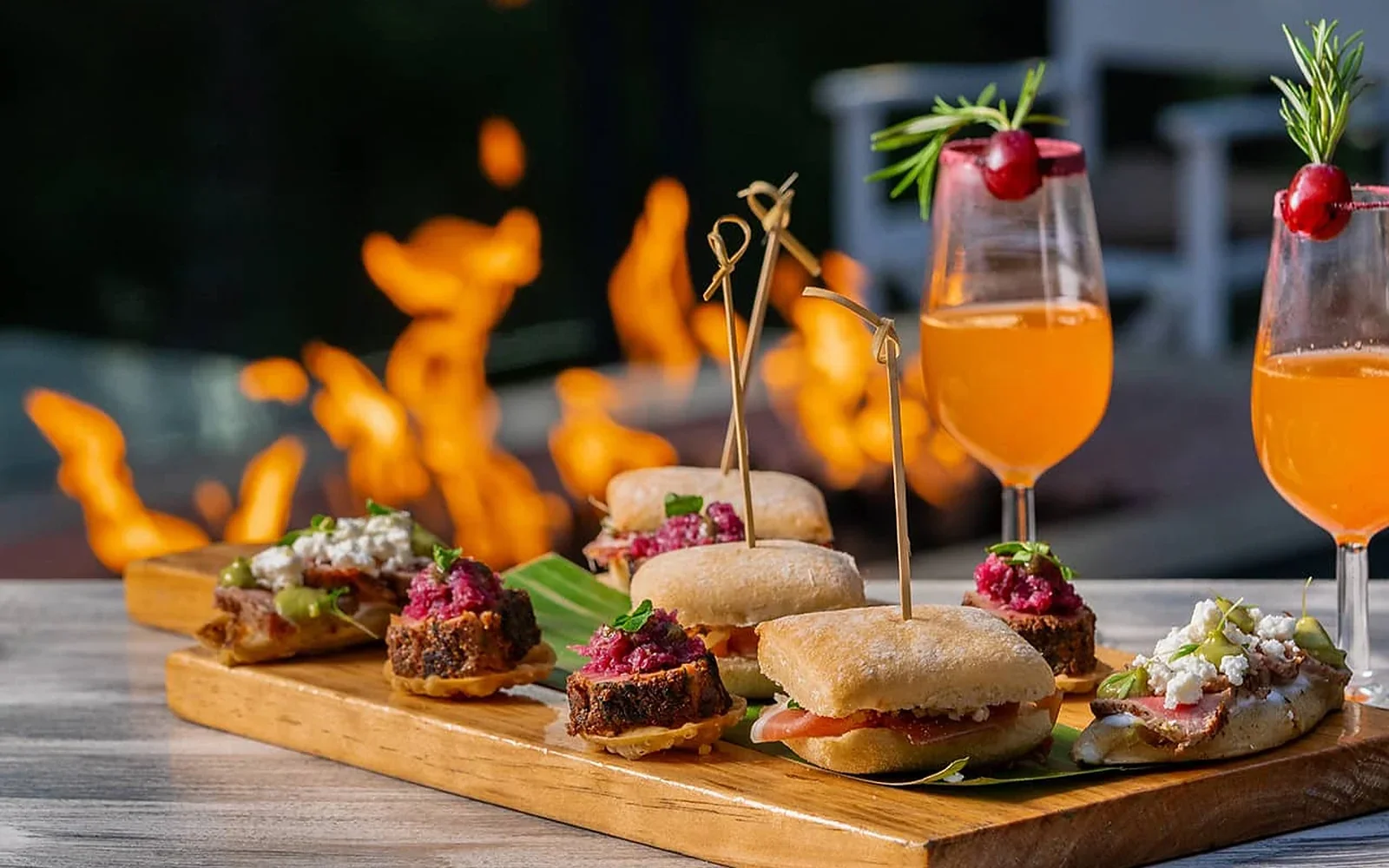 Appetizers and cocktails by the fire pit