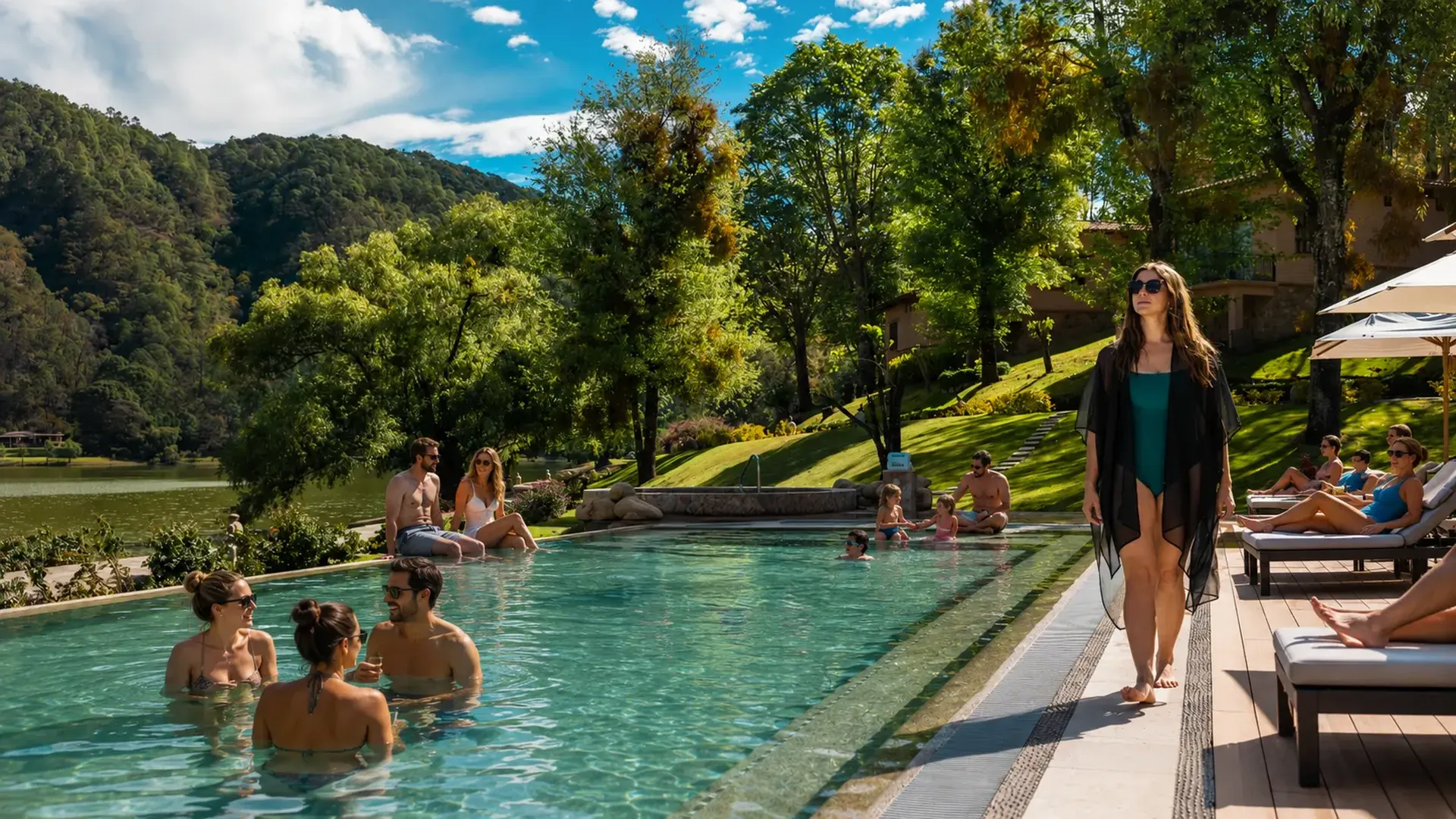 Friends enjoying the heated infinity pool at Sierra Lago