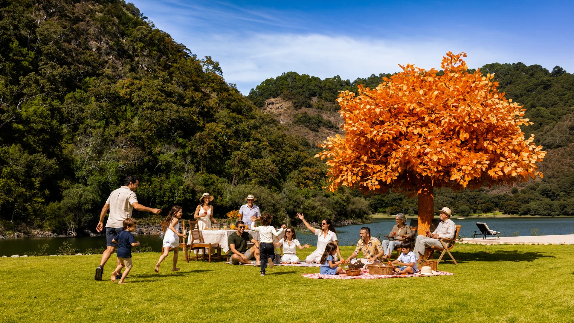 Family enjoying a picnic by the lake at Sierra Lago