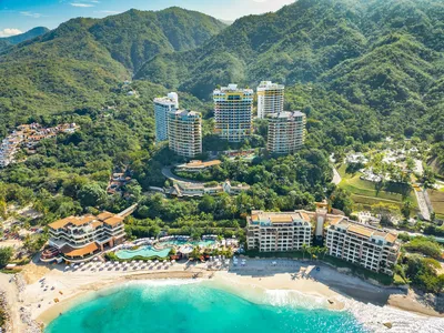 Panoramic view of the Garza Blanca resort property and its facilities overlooking the Pacific Ocean in Puerto Vallarta.