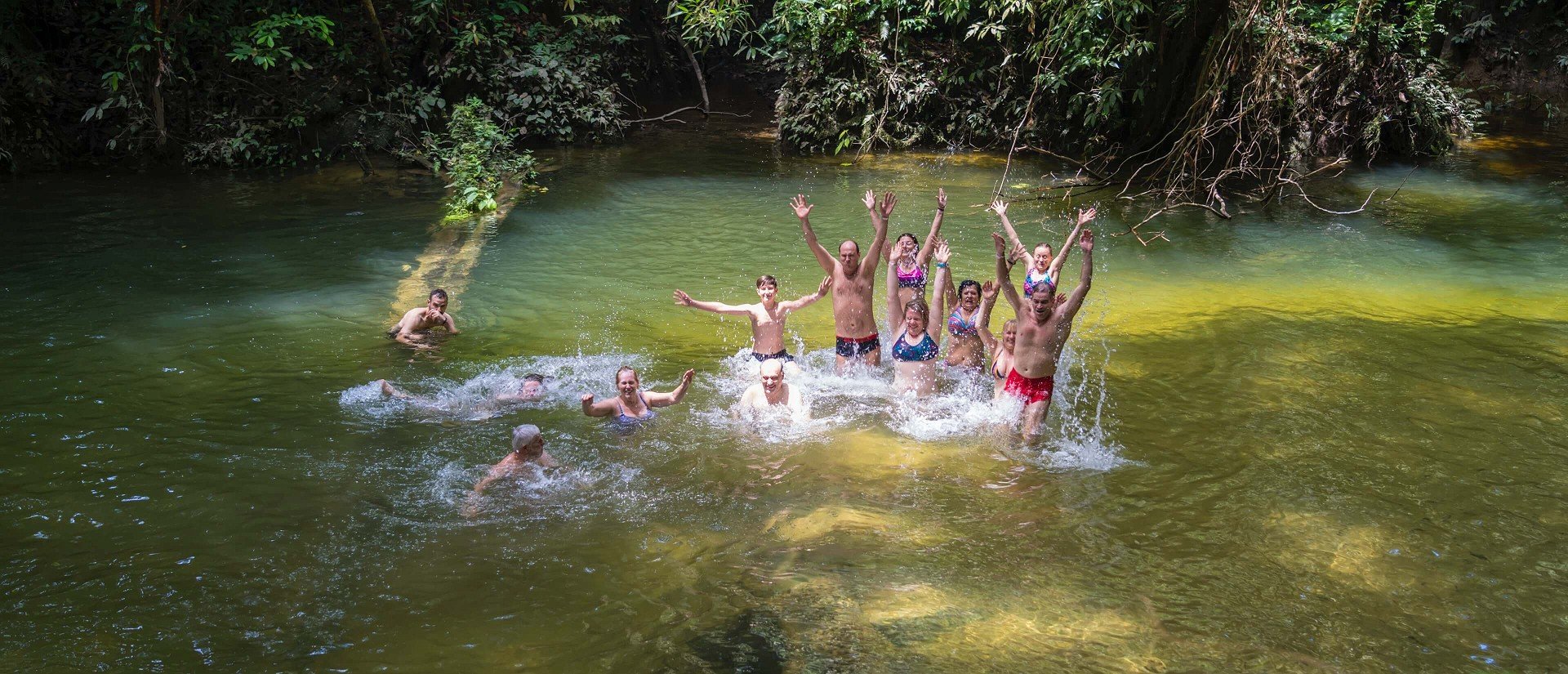 A group of people joyfully swimming and splashing in a forest river, surrounded by lush greenery.