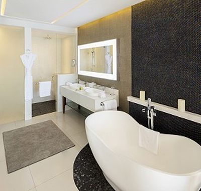 Modern bathroom with a freestanding tub, double sink vanity, large mirror, glass shower, and white robes hanging on the wall.