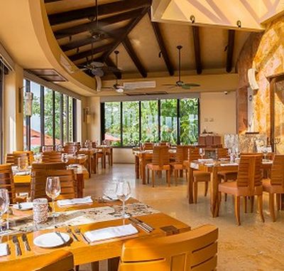 Spacious restaurant with wooden tables and chairs, set with glassware and napkins, large windows offering a view of greenery outside.