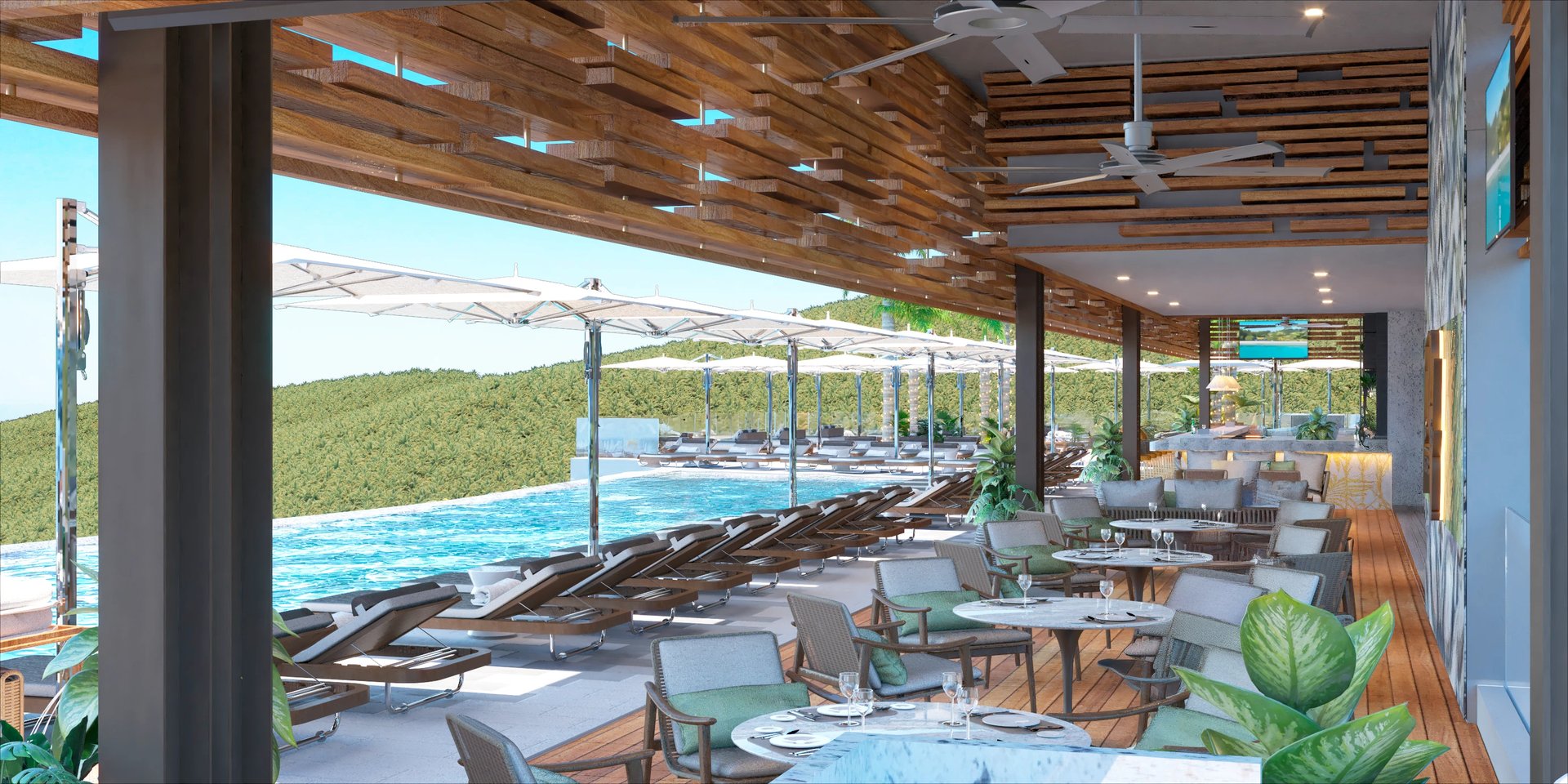 Garza Blanca luxury poolside lounge in Mexico: open-air deck, sunbeds by the pool, marble tables, tropical plants—Escape to the Extraordinary.