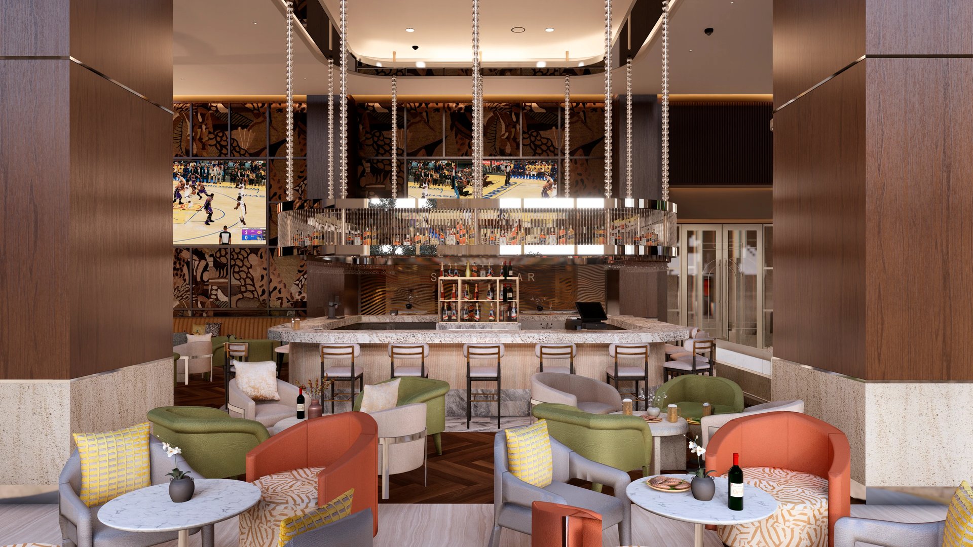 Garza Blanca luxury bar at a Mexico resort: marble-topped counter, crystal pendant lights, colorful lounge seating, and wall-mounted TVs.