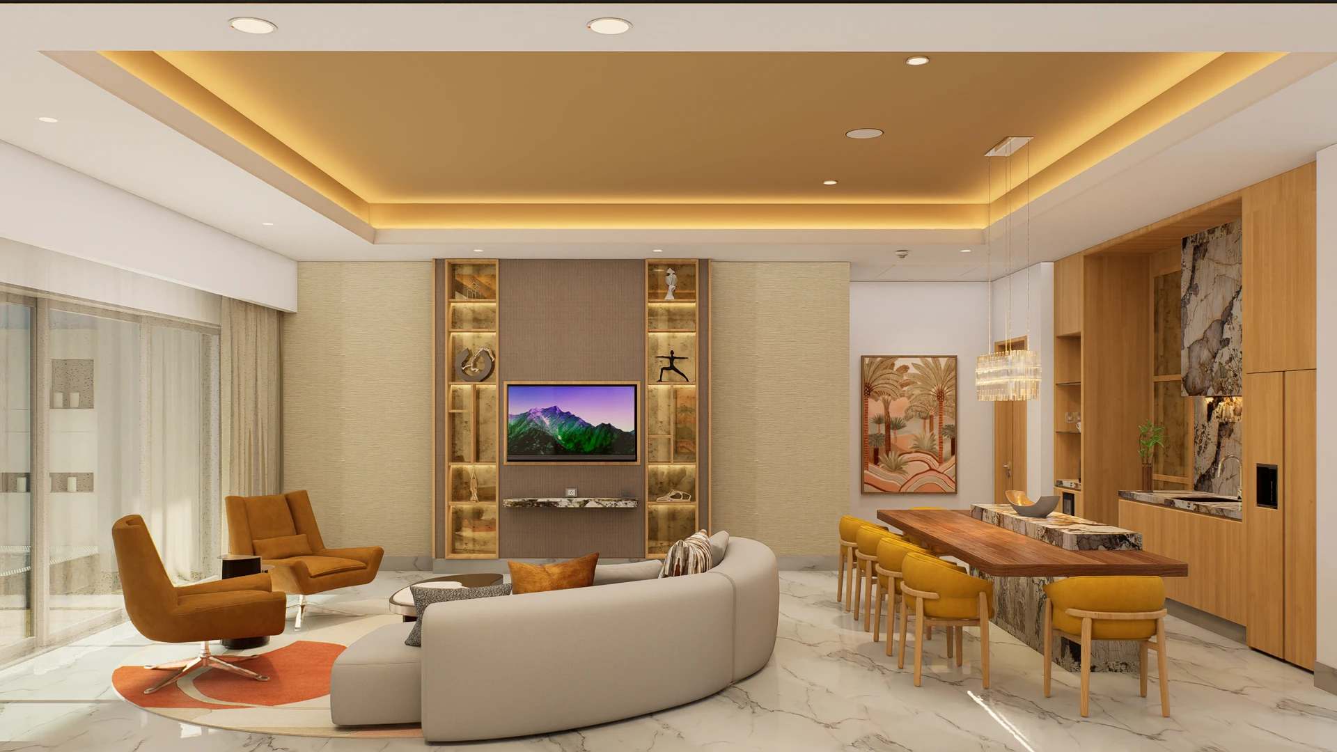 Living and dining area in the Sanctuary Three Bedroom Grand Penthouse