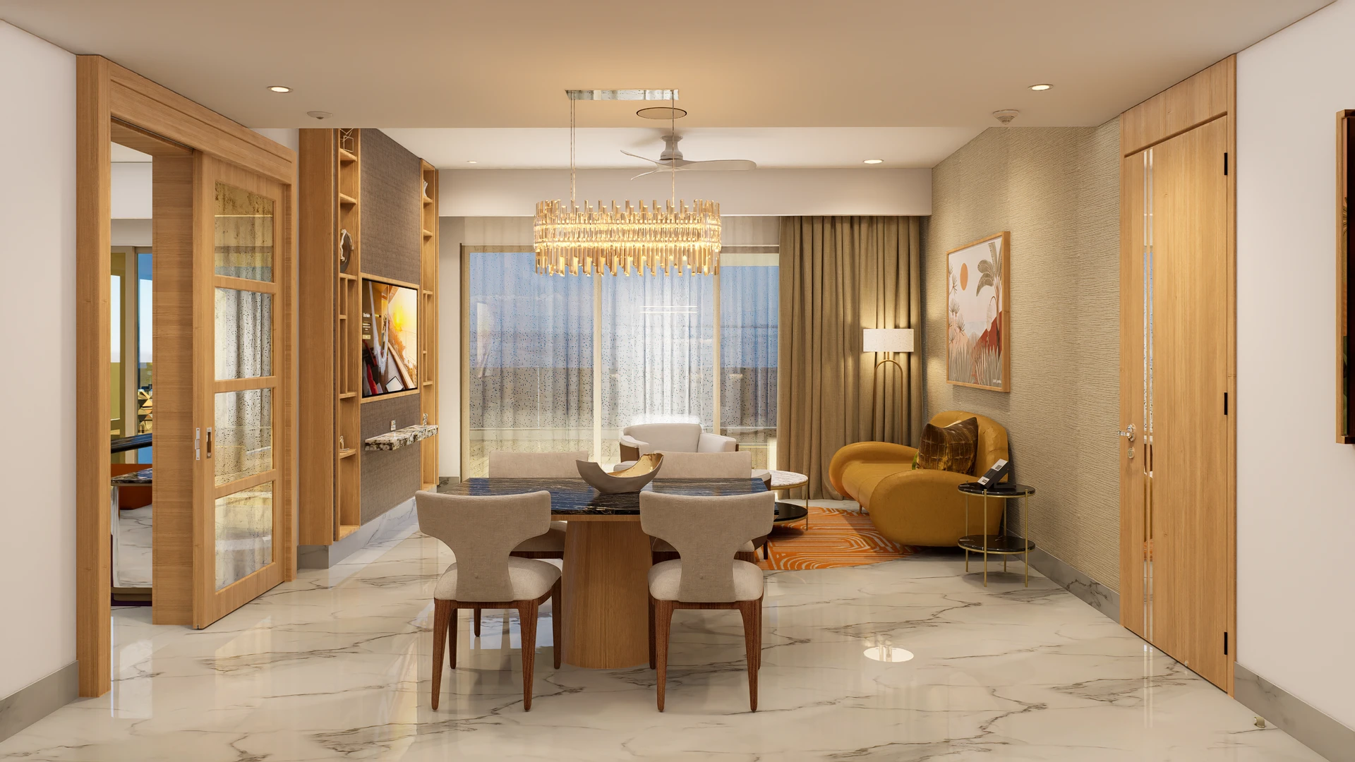Living area in the Sanctuary Two Bedroom Corner Suite with ocean and mountain views
