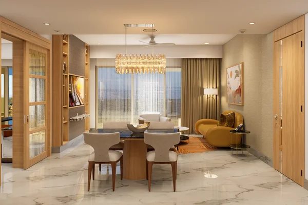Living area in the Sanctuary Two Bedroom Corner Suite with ocean and mountain views