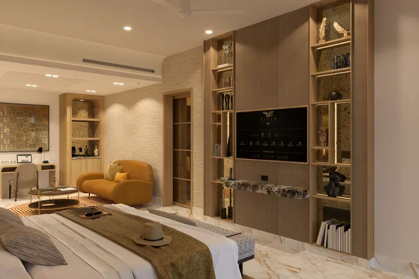 Bedroom with king-size bed in the Sanctuary Two Bedroom Corner Suite