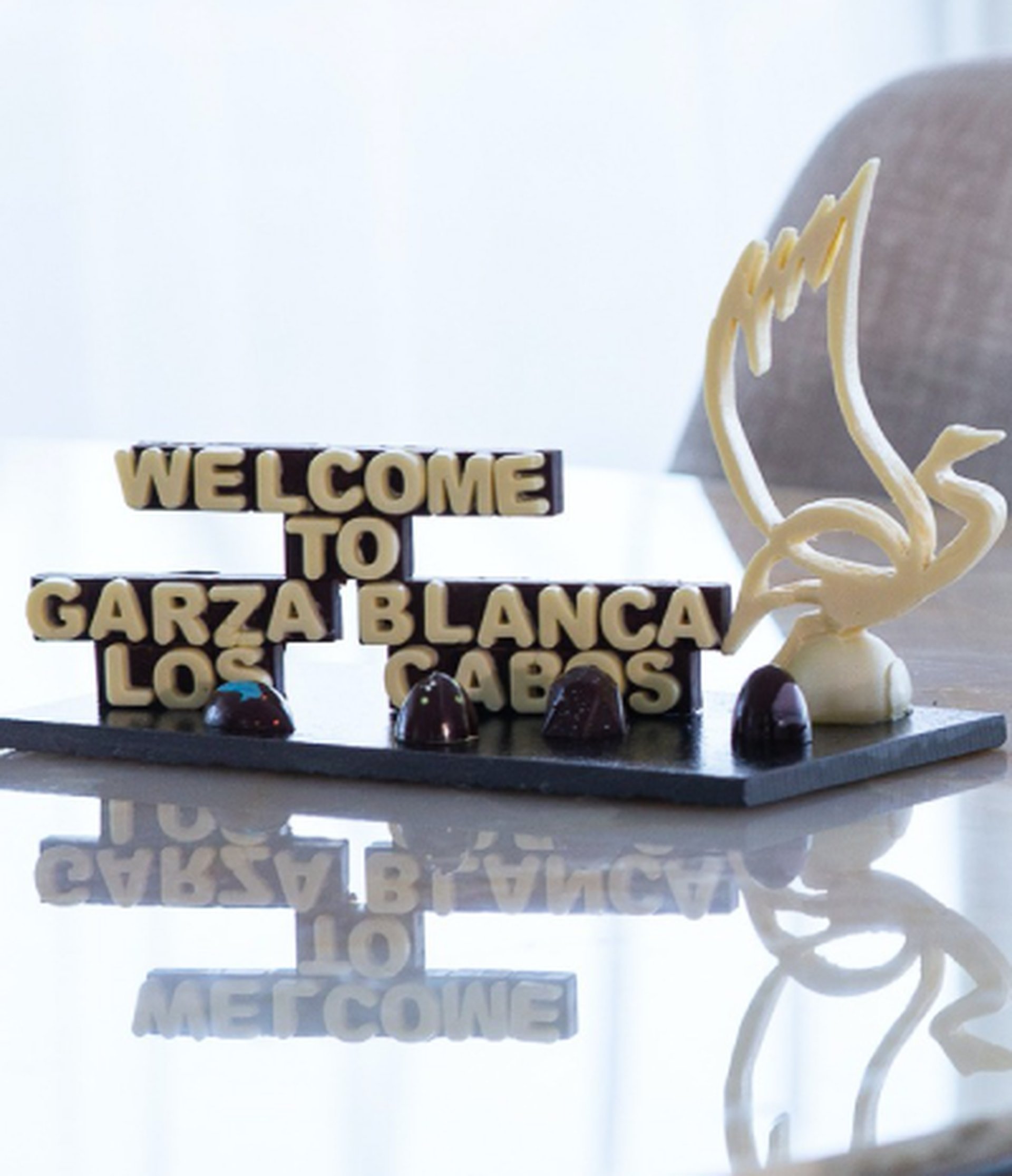 Chocolate sculpture with "Welcome to Garza Blanca Los Cabos" text and decorative chocolate pieces on a reflective surface.
