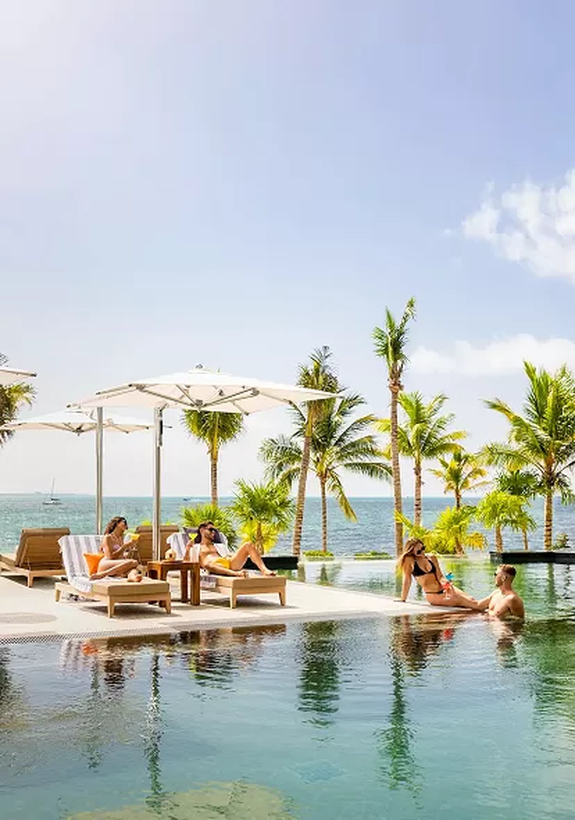 Guests relaxing by the infinity pool at a luxury beachfront resort, surrounded by palm trees and overlooking the Caribbean Sea.