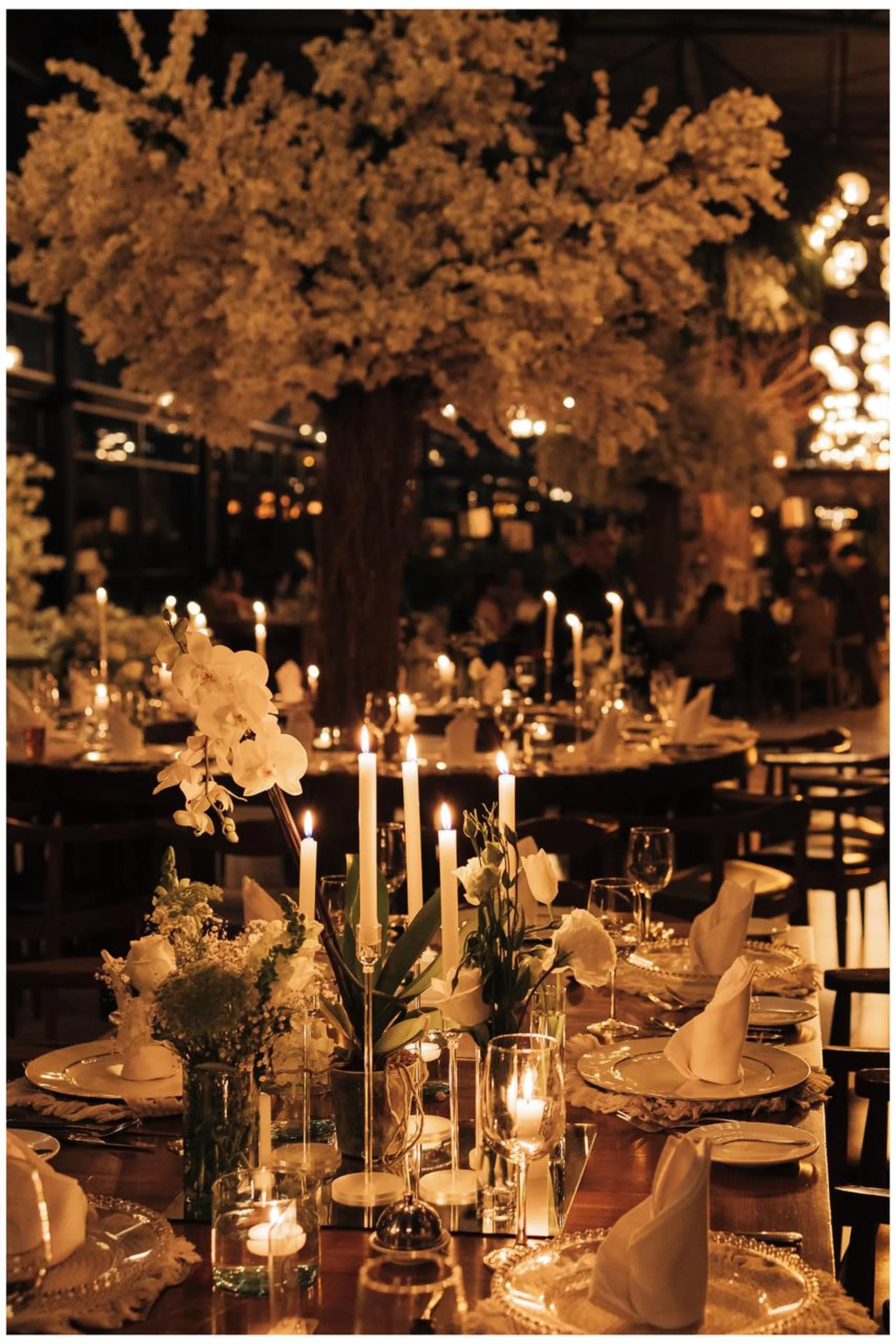 Close-up of a banquet table by candlelight with place settings and woven napkins