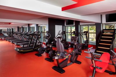 A modern gym with red flooring, featuring treadmills, stationary bikes, and step machines, lined up in front of large windows.