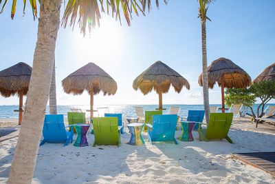 Colorful beach chairs and thatched umbrellas on a sandy beach, overlooking the sparkling ocean under a clear blue sky.