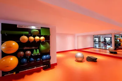 A gym room with orange flooring, exercise balls on a rack, a silver ball, and stacked mats. A large mirror reflects the equipment.