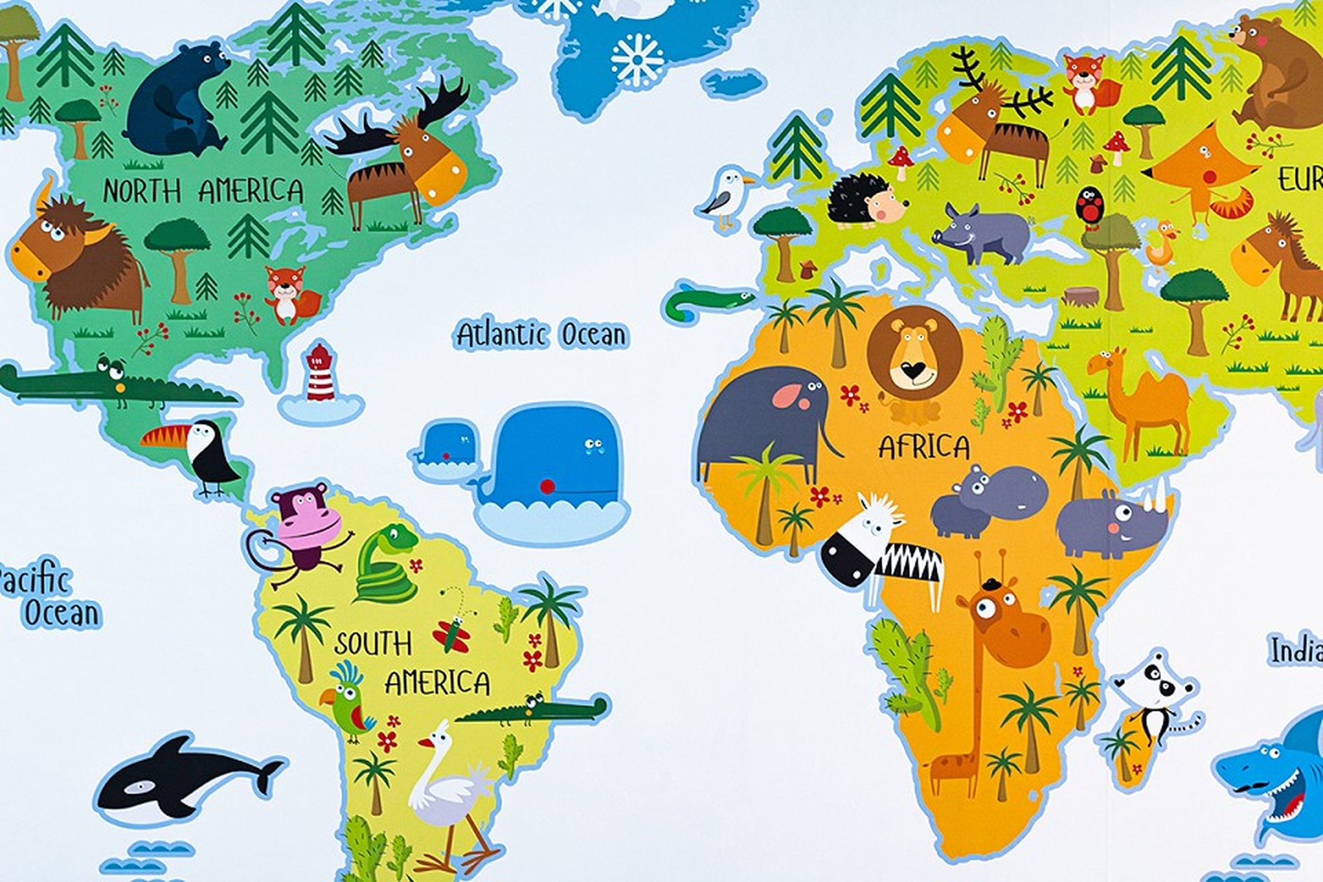 Colorful world map with cartoon animals representing different continents, including a lion in Africa and a bear in North America.