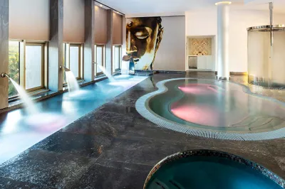 Luxurious indoor spa with a pool, water jets, and a large Buddha mural on the wall, creating a serene atmosphere.