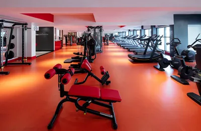 A spacious gym with red flooring, featuring rows of treadmills, weight machines, and red exercise benches under bright lighting.