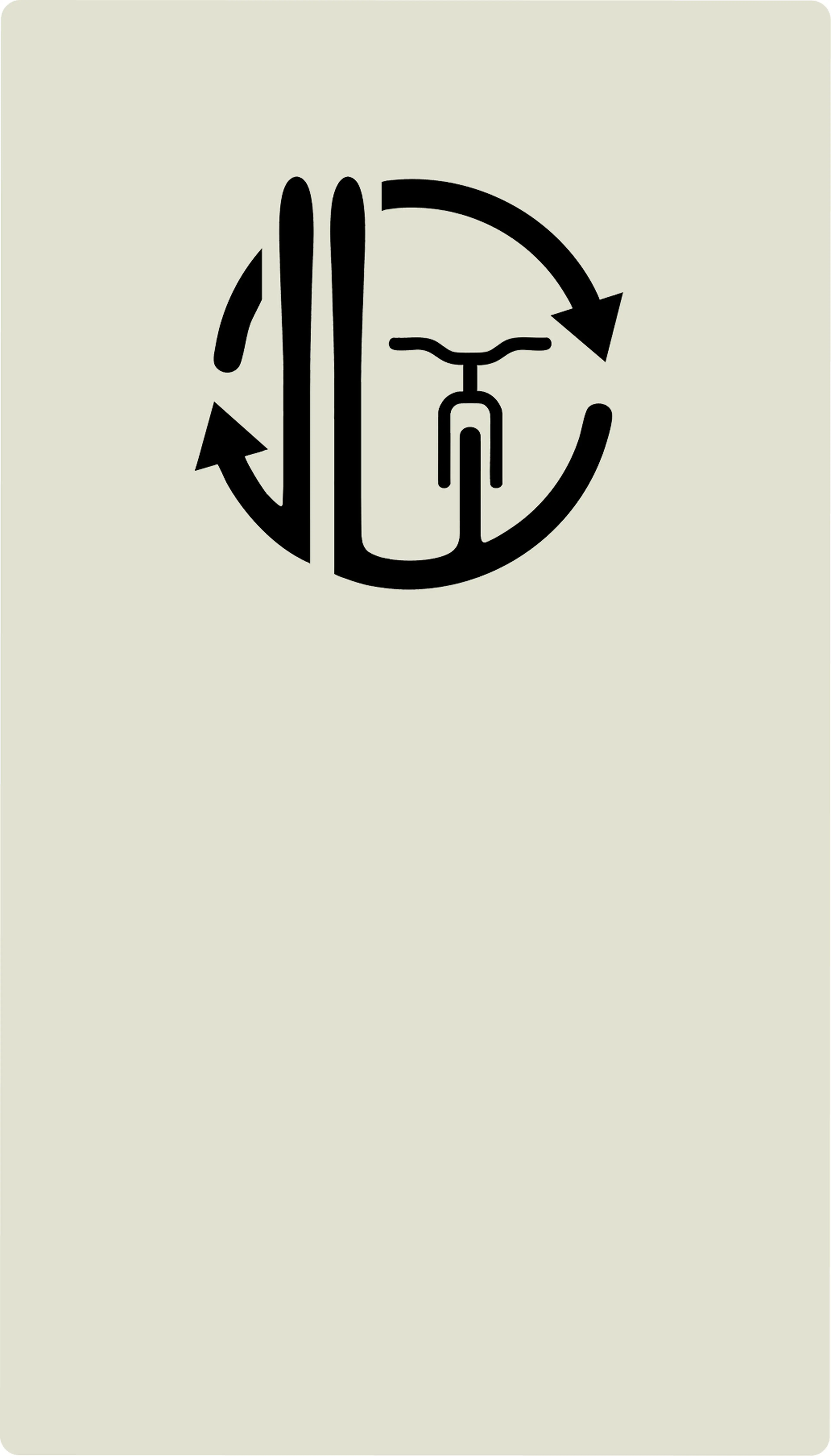 A graphic logo featuring skis and a bicycle forming a circular design with arrows, suggesting movement or rotation, on a light beige background.