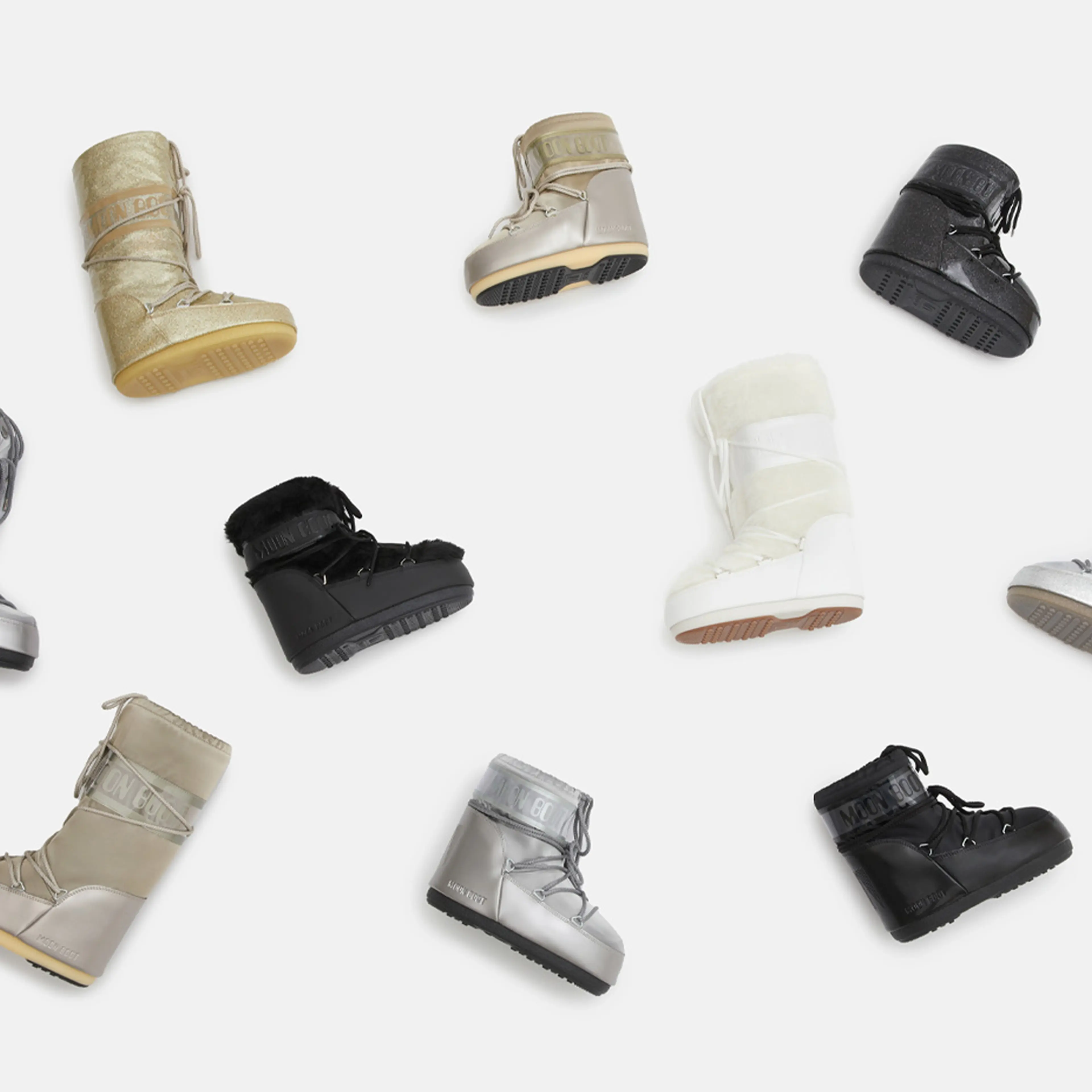 A variety of winter boots in different colors and styles are arranged on a white background.
