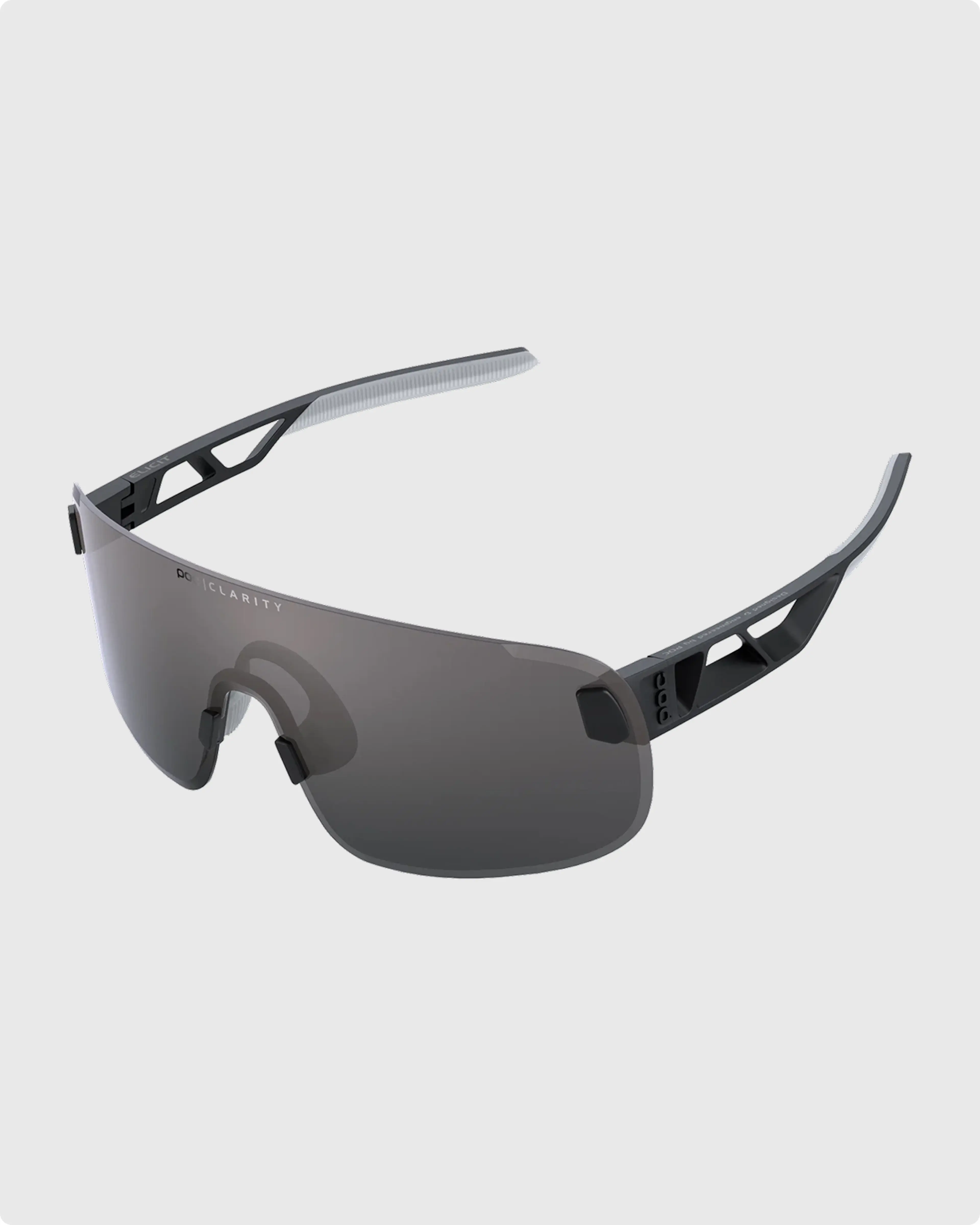Futuristic black sports sunglasses with large, wraparound tinted lenses and sleek, aerodynamic frame on a white background.