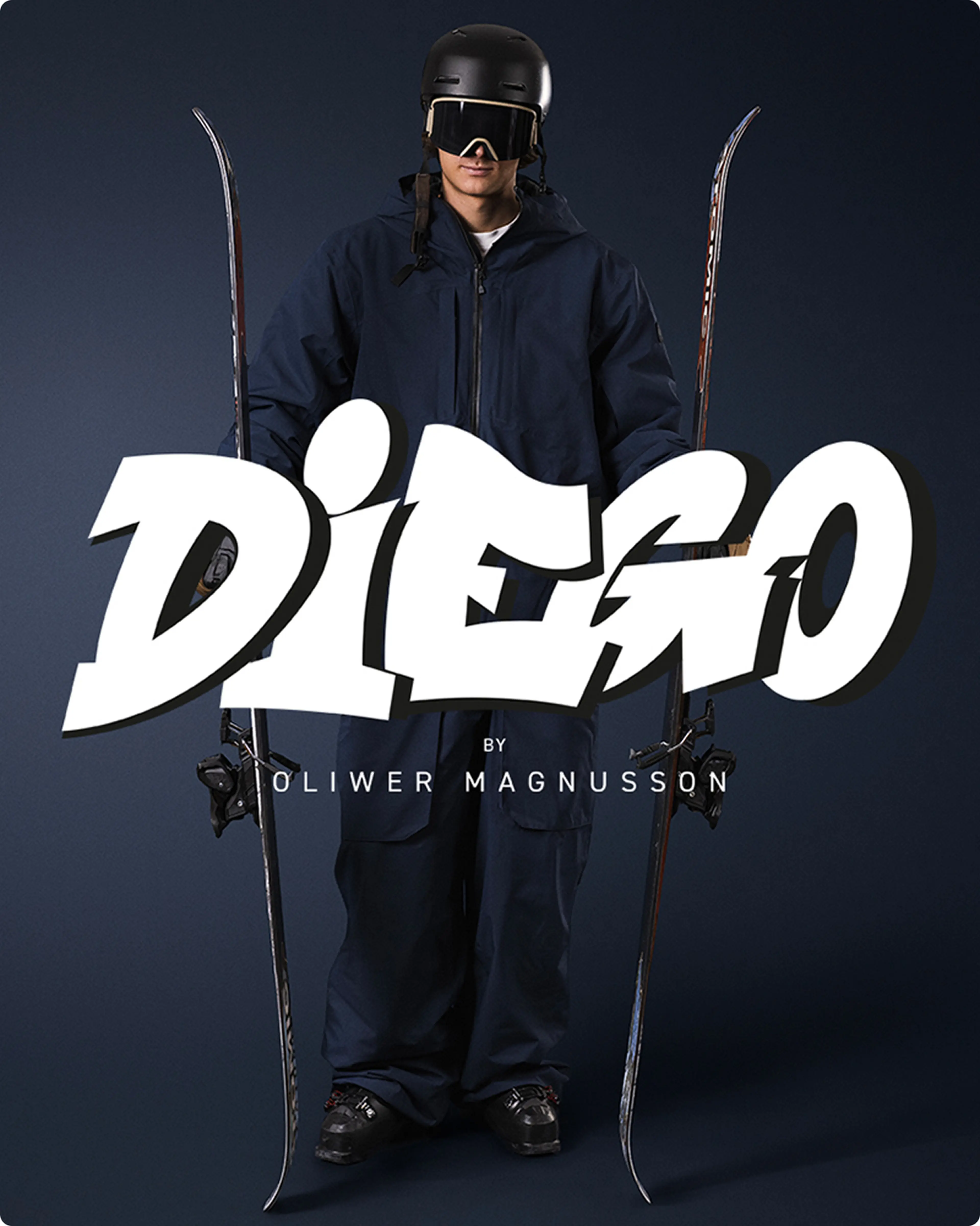A skier in dark blue gear holds skis upright. Bold text reads "DIEGO by Oliwer Magnusson" in the foreground.