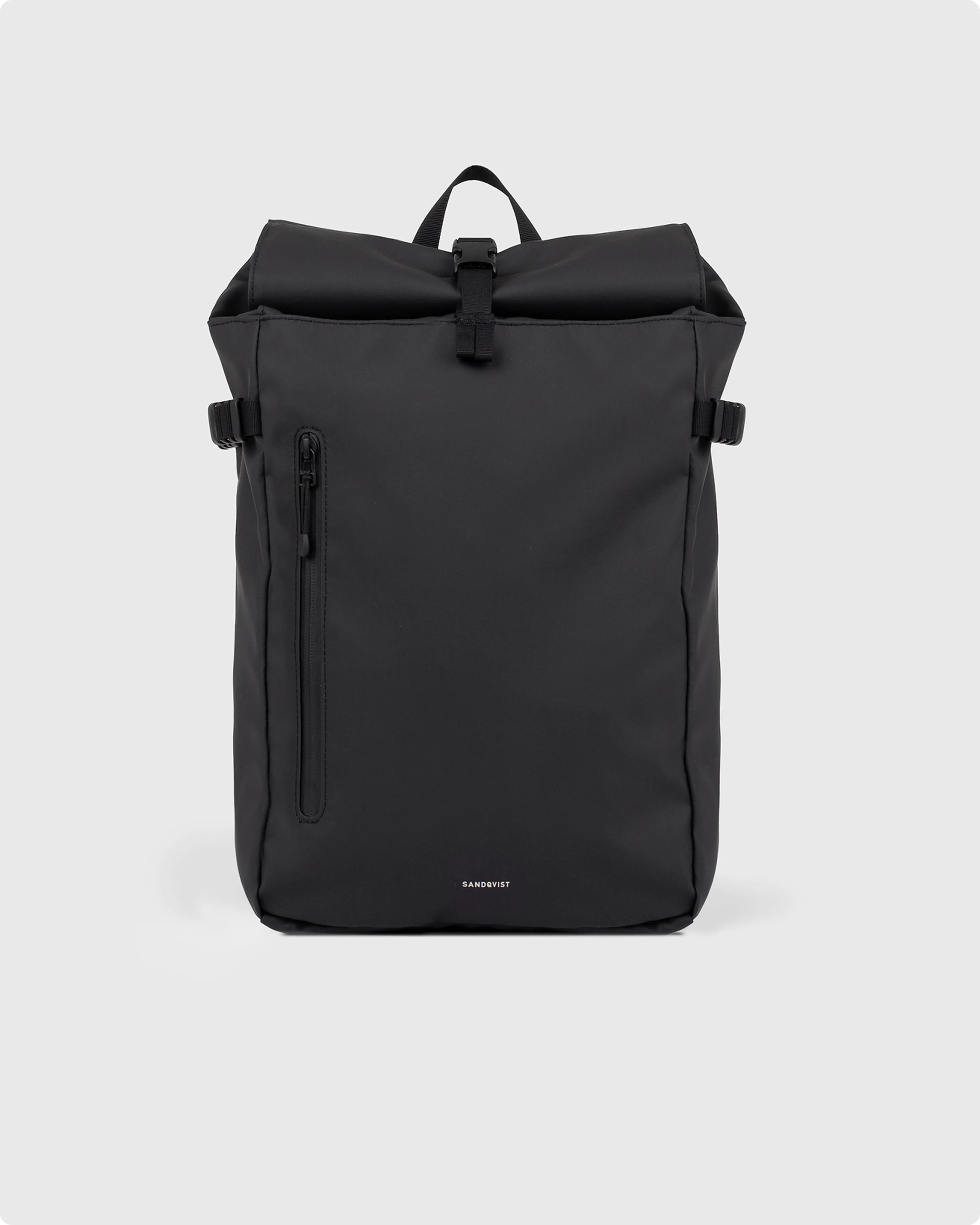 Sleek black backpack with a top flap and front zipper pocket, featuring a minimalist design.