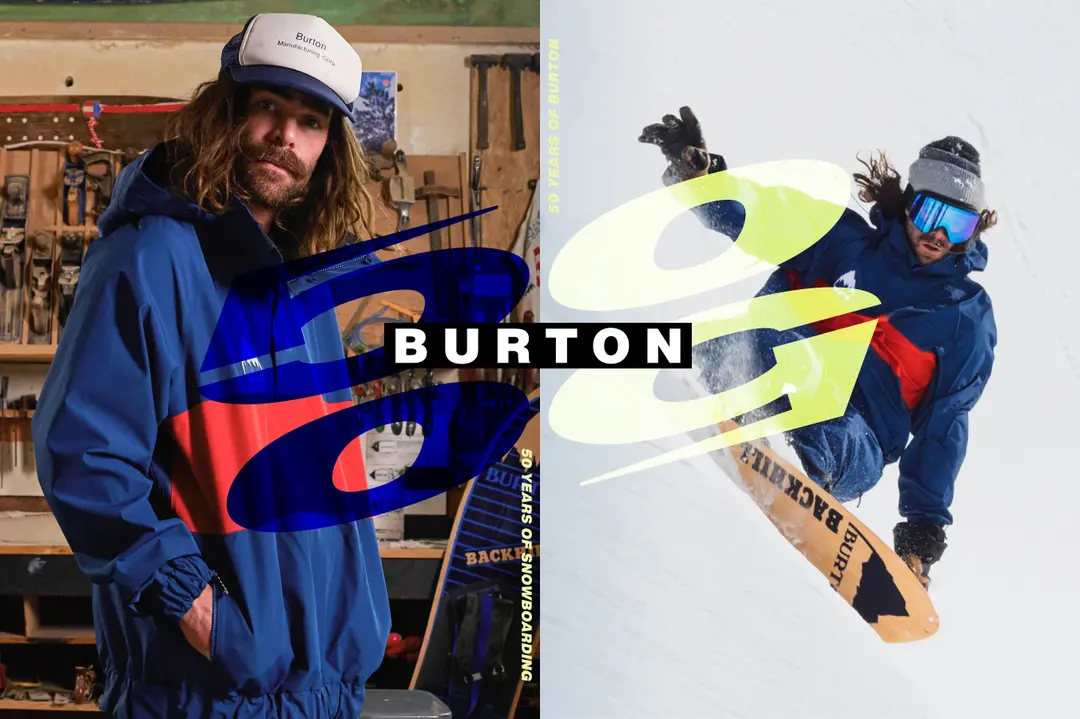 Man in a blue and red jacket stands in a workshop; another image shows him snowboarding downhill. "Burton" and "50 Years of Snowboarding" are displayed.