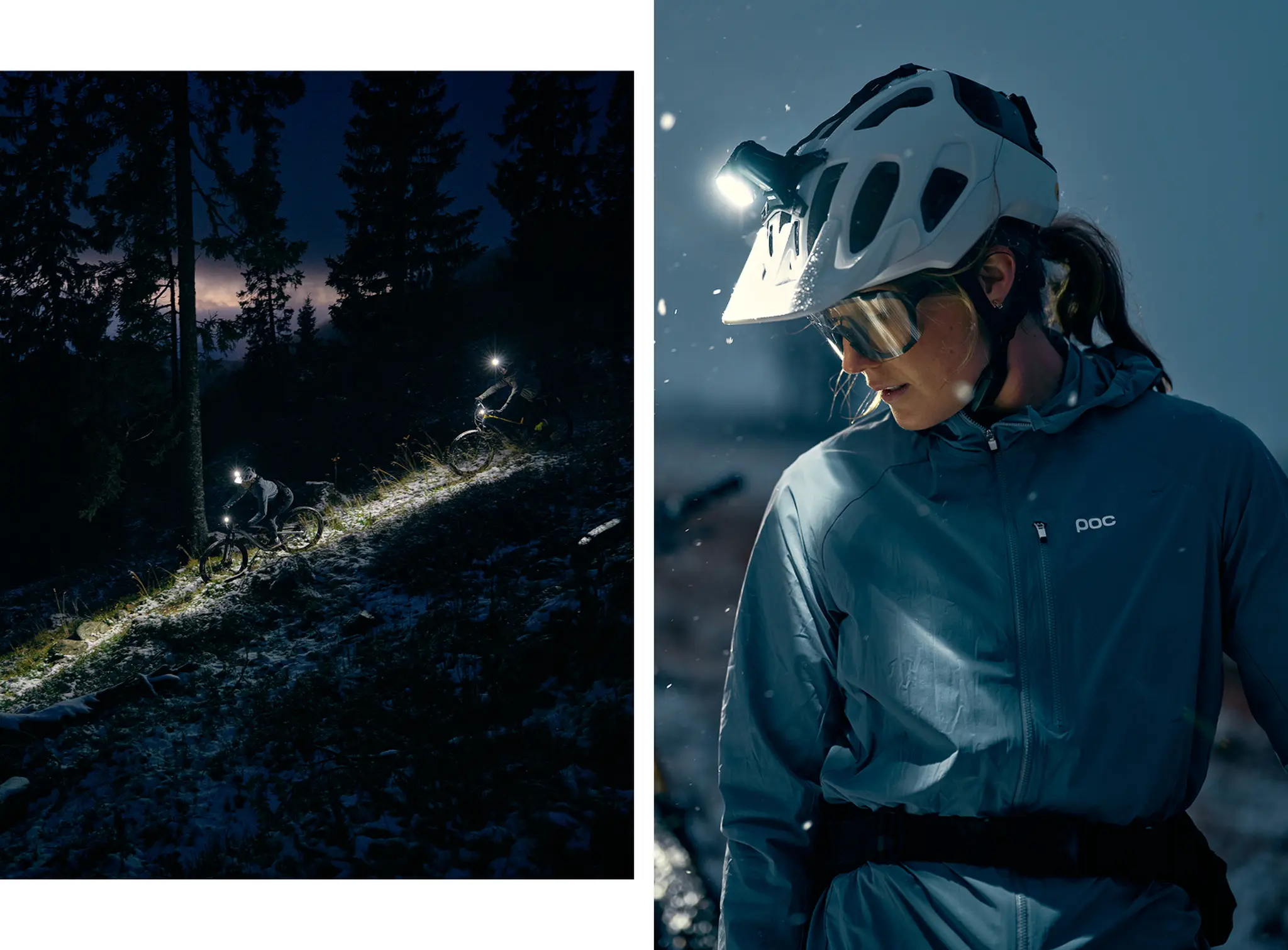 Two images: Left shows cyclists with headlamps biking at night through a forest. Right is a close-up of a cyclist wearing a helmet and goggles.